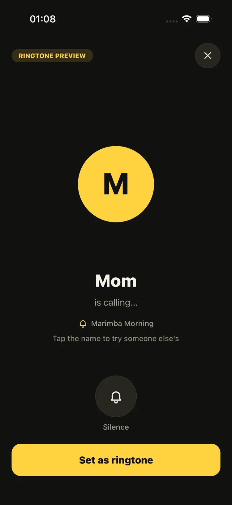 Màn hình nghe thử nhạc chuông của Ringsy: cuộc gọi đến toàn màn hình từ “Mom” với giai điệu Marimba Morning