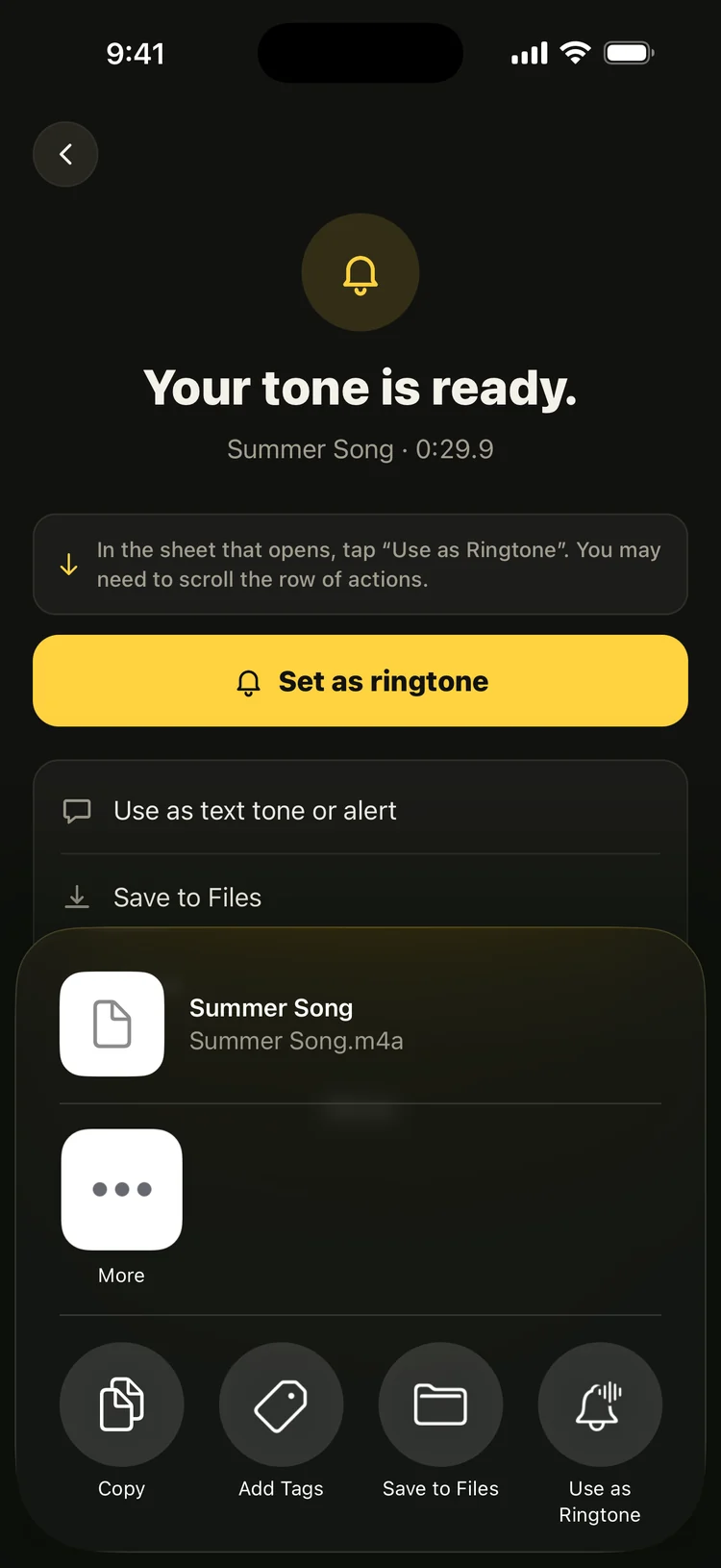 Bảng chia sẻ của iOS 26 với nút Use as Ringtone